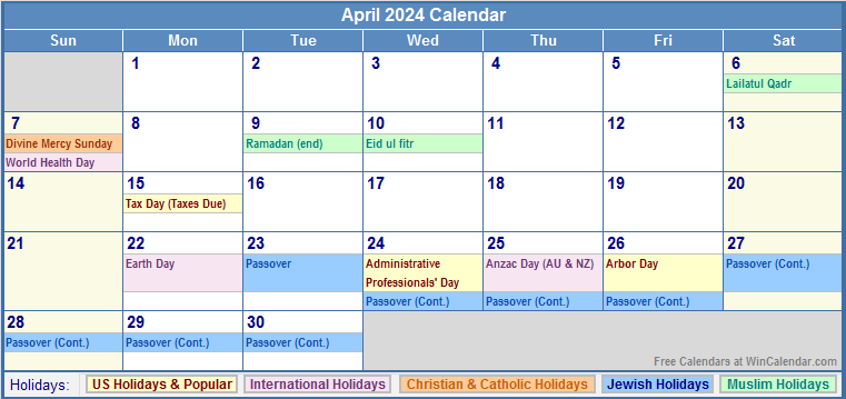 April 2024 Calendar with Holidays - as Picture