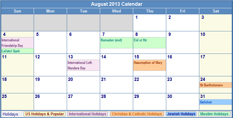 August 2013 Calendar with Holidays as Picture