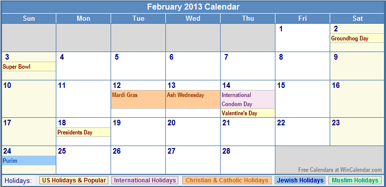 February 2013 Calendar with Holidays as Picture