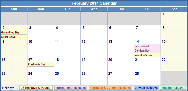 February 2014 Calendar with Holidays as Picture