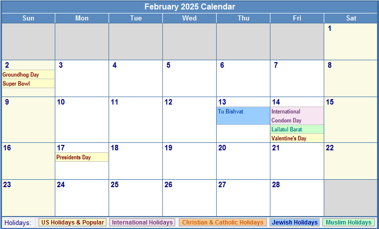 February 2025 Calendar With Holidays As Picture