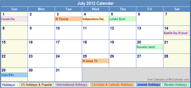 2012 calendar with holidays. July 2012 Calendar with