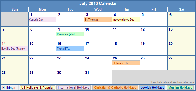 calendar 2013 with holidays. July 2013 Calendar with