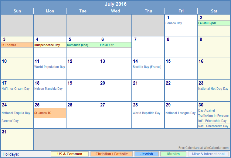 July 2016 Calendar with