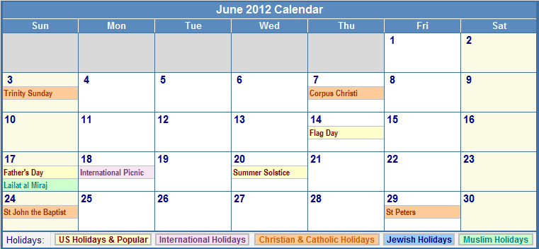 calendar 2012 with holidays. June 2012 Calendar with