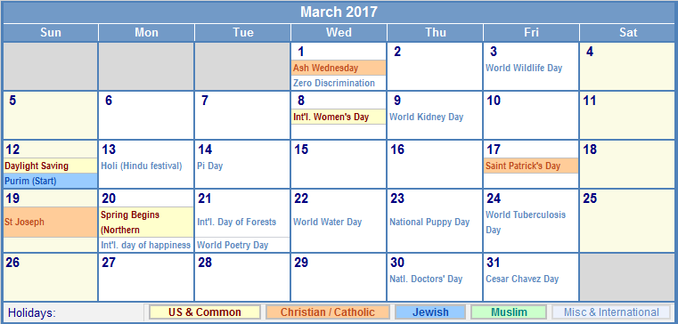 March 2017 Calendar with Holidays as Picture