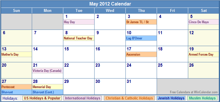 calendar 2012 with holidays. May 2012 Calendar with
