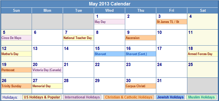 May 2013 Calendar with Holidays as Picture