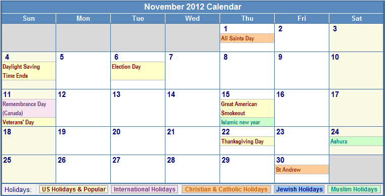 2012 calendar with holidays. November 2012 Calendar with