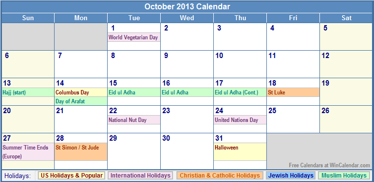 October 2013 Calendar with Holidays as Picture