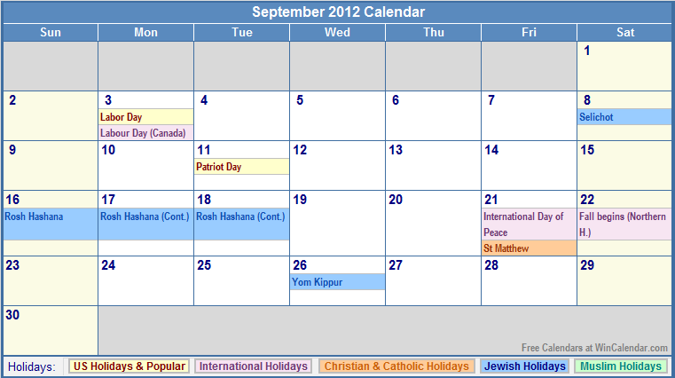 calendar 2012 with holidays. September 2012 Calendar with