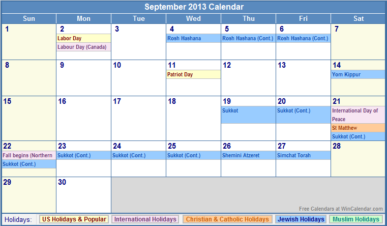 September 2013 Calendar with Holidays as Picture