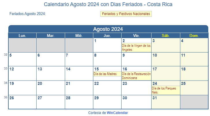 Calendario Agosto Para Imprimir Costa Rica