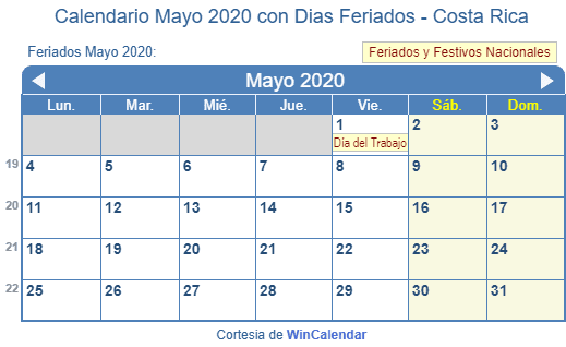 Calendario Mayo 2020 Para Imprimir Costa Rica