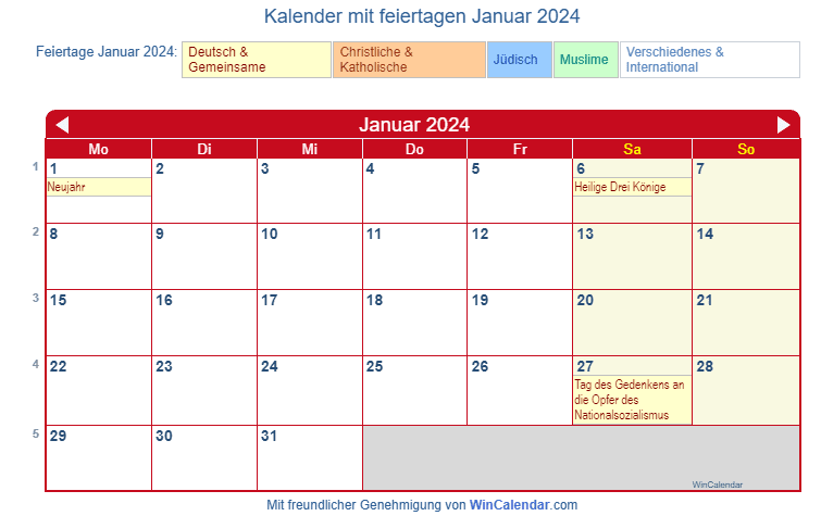 Deutschland Kalender Zum Drucken Januar 2024