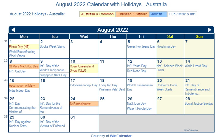 Print Friendly August 2022  Australia Calendar  for printing