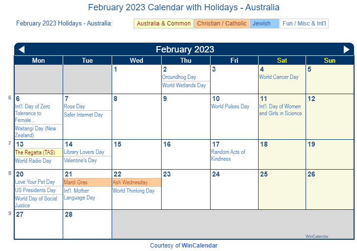 Print Friendly February 2023 Australia Calendar for printing