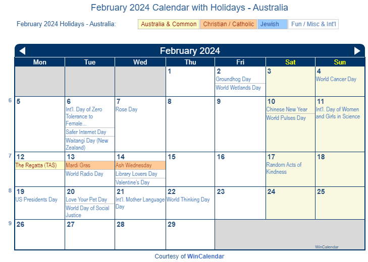 Print Friendly February 2024 Australia Calendar for printing