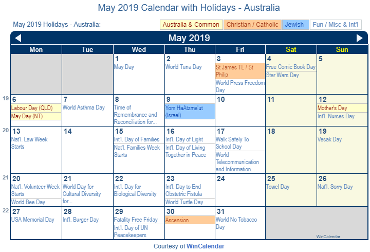 Print Friendly May 2019 Australia Calendar for printing