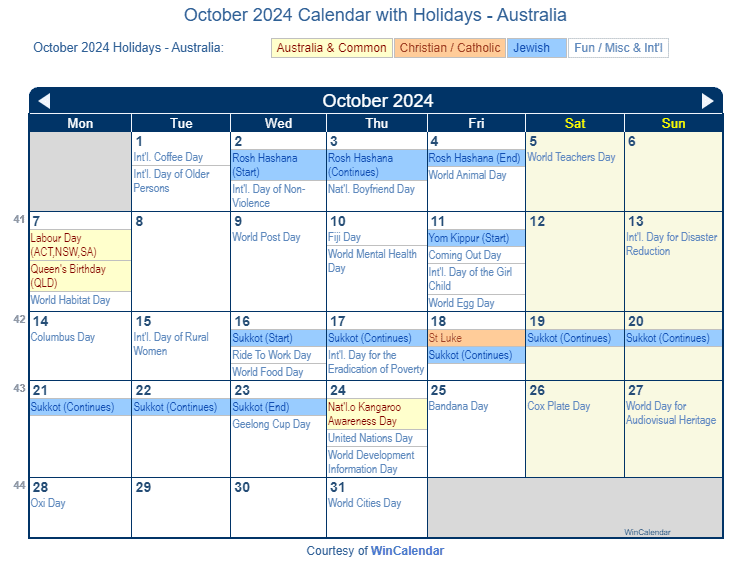 Print Friendly October 2024 Australia Calendar for printing