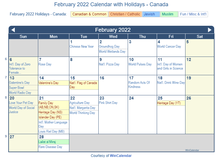 Print Friendly February 2022 Canada Calendar for printing