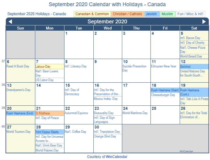 Print Friendly September 2020 Canada Calendar for printing