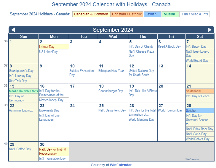 Print Friendly September 2024 Canada Calendar for printing