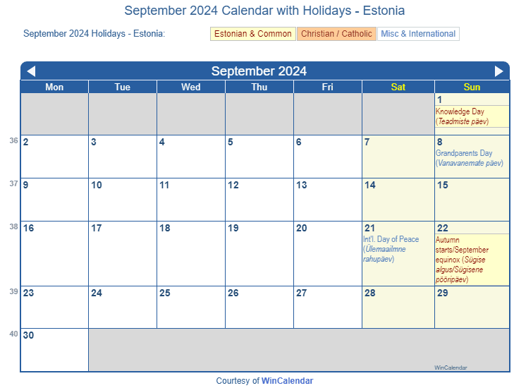 Print Friendly September 2024 Estonia Calendar for printing