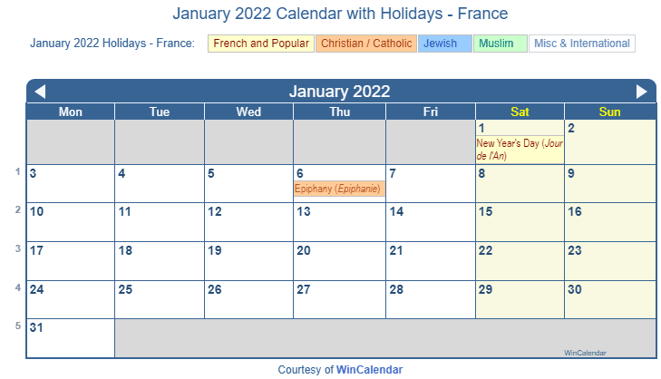 Print Friendly January 2022 France Calendar For Printing