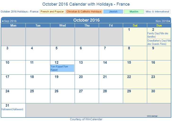 Print Friendly October 2016 France Calendar for printing