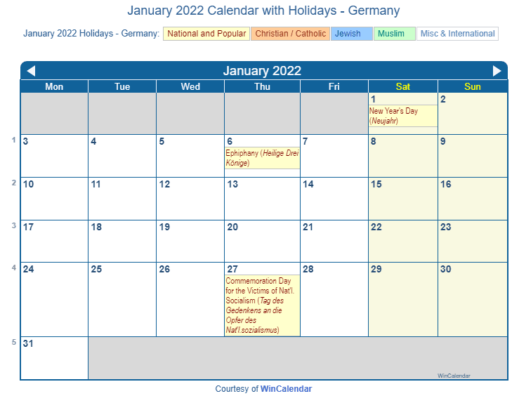 Print Friendly January 2022 Germany Calendar for printing