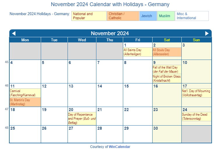 Print Friendly November 2024 Germany Calendar for printing