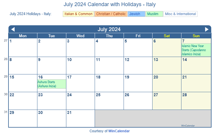 Print Friendly July 2024 Italy Calendar for printing