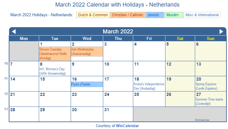 Print Friendly March 2022 Netherlands Calendar for printing