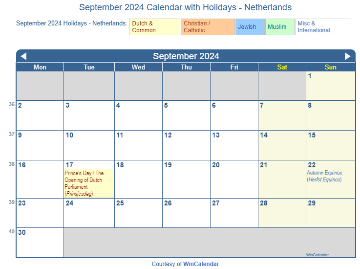 Print Friendly September 2024 Netherlands Calendar for printing