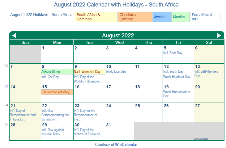 Print Friendly August 2022 South Africa Calendar For Printing 7963