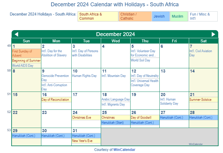 Print Friendly December 2024 South Africa Calendar for printing