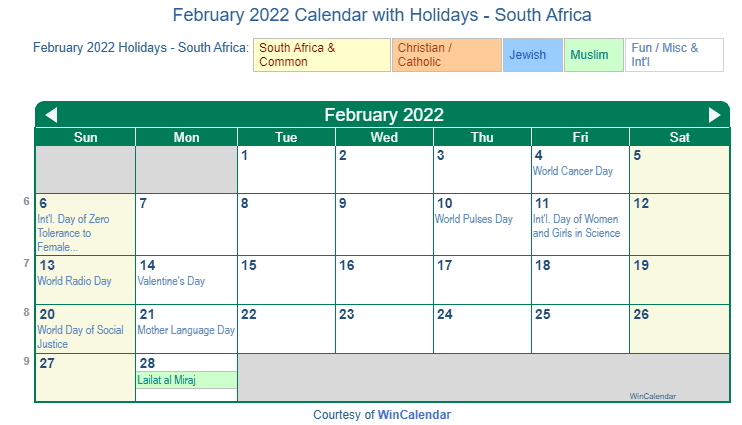 Print Friendly February 2022 South Africa Calendar For Printing 6279