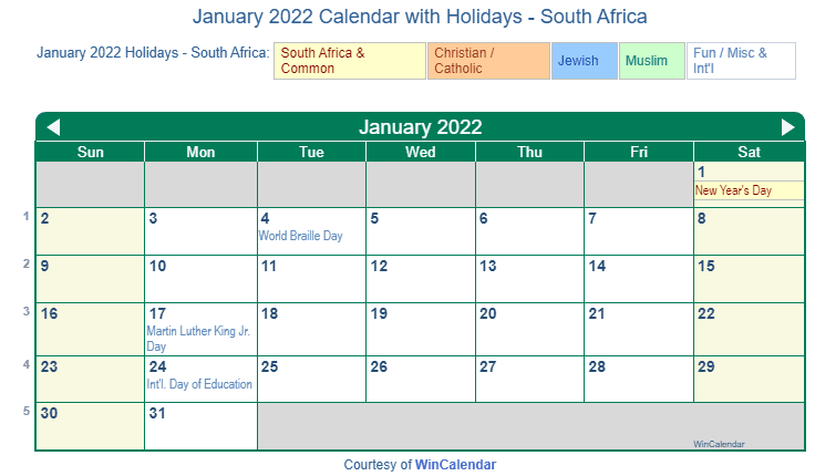 Print Friendly January 2022 South Africa Calendar For Printing 1942