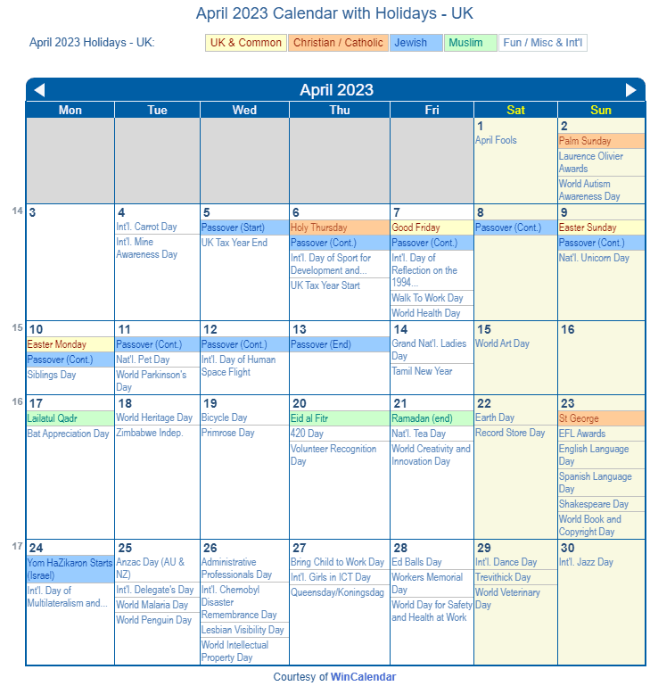 Print Friendly April 2023 UK Calendar for printing