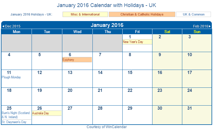 Print Friendly January 2016 UK Calendar for printing