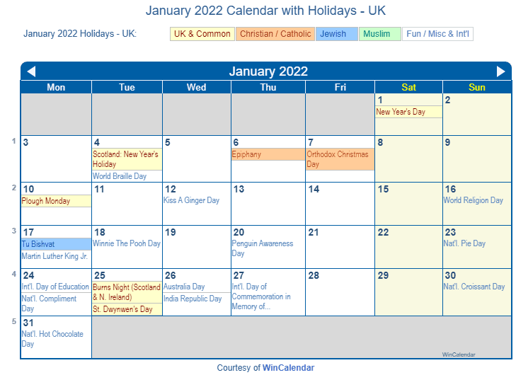 Print Friendly January 2022  UK Calendar  for printing