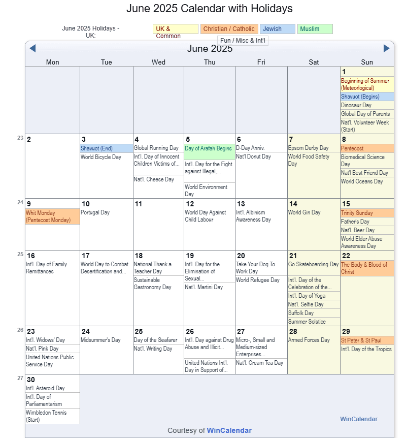 Print Friendly June 2025 UK Calendar for printing