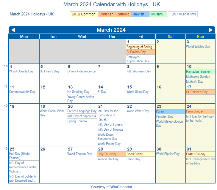 Print Friendly March 2024 UK Calendar for printing