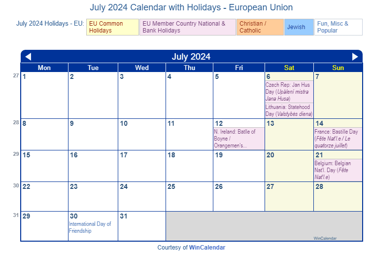 Print Friendly July 2024 EU Calendar for printing