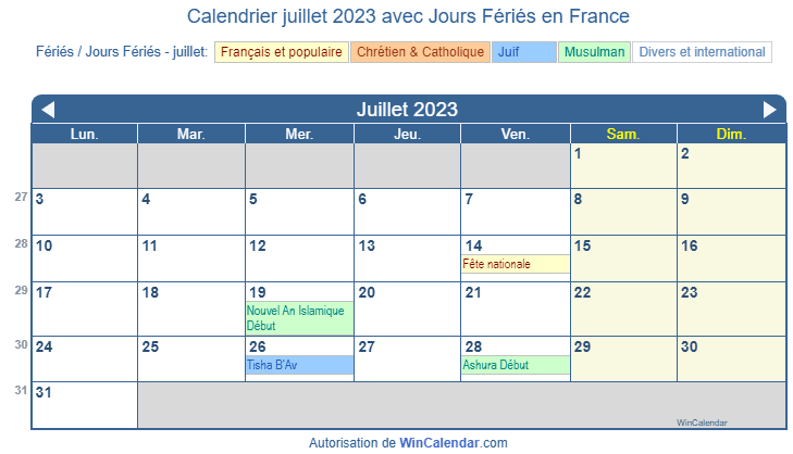 France Calendrier Pour Limpression Juillet 2023