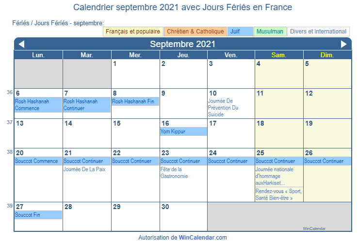 France Calendrier pour l'impression - septembre 2021