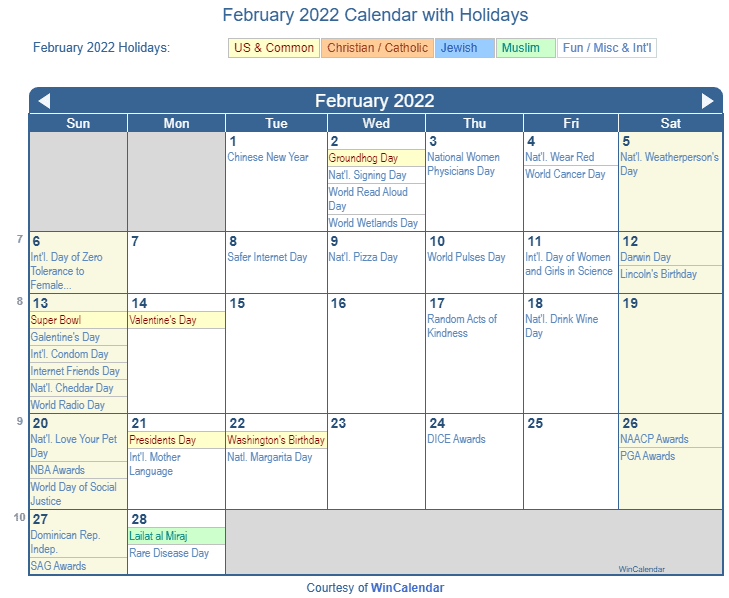 Print Friendly February 2022 US Calendar For Printing