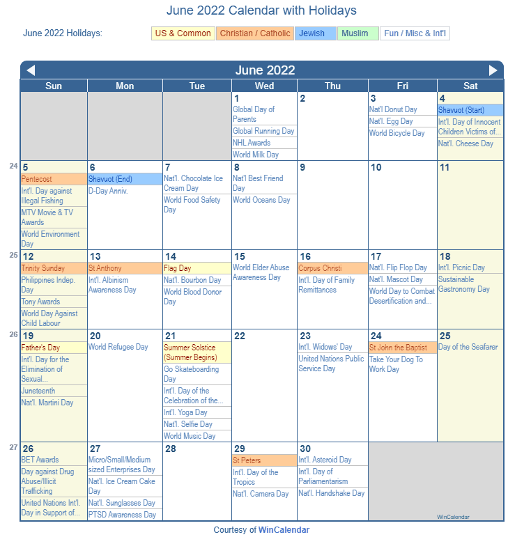 Print Friendly June 2022 US Calendar for printing