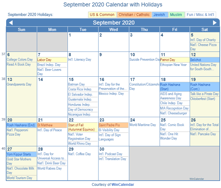 Print Friendly September 2020 US Calendar